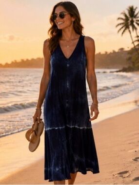 Stone & Sky Tie Dye Double V Midi Dress Blue Coastal Boho Chic
